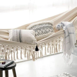 QUVIO Hangmat Katoen 280x150 Cm - Wit 7 QUVIO Hangmat Katoen 280x150 Cm - Wit -Tuinmeubels Winkel 1000083227 0102